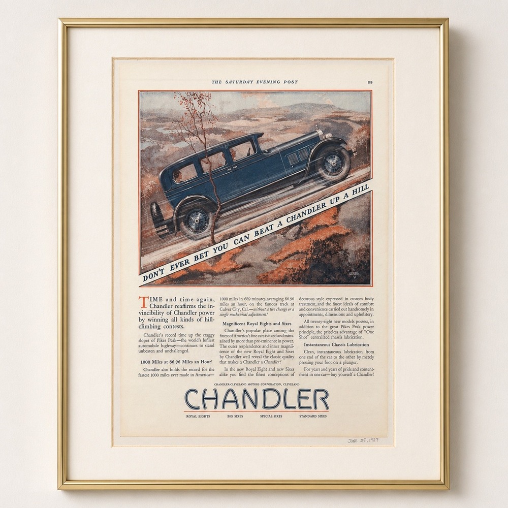 Vintage 1927 Chandler Automobile Saturday Evening Post Framed‎ Print Ad 18x15